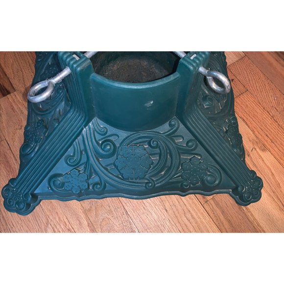 VTG Ornate Green Faux Cast Iron Plastic Christmas Tree Stand Holder Holly - Picture 4 of 4